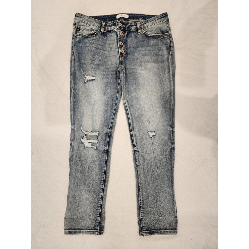 KanCan stretch ankle jeans: medium wash, button fly, Womens 13 or 30 distressed!